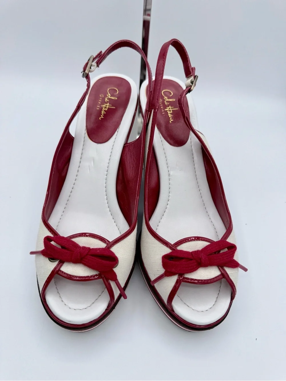 Cole Haan G Series Nike Air Wedge Sandals Canvas Patent Bow 8B